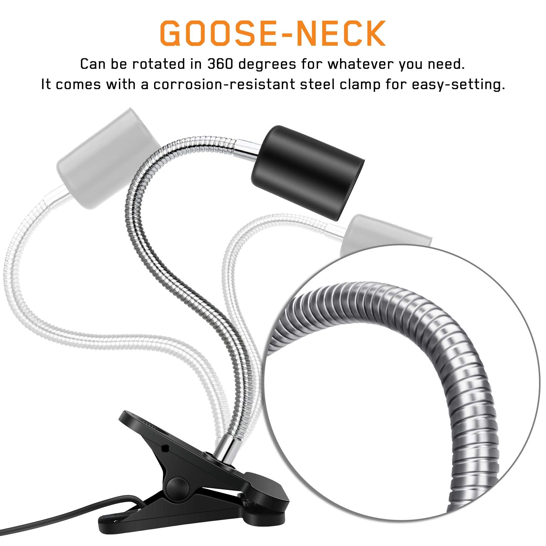 Fischuel Reptile Heat Lamp,Heating Lamp With Clamp, Adjustable Habitat Basking Heat Lamp,Uva/Uvb Light Lamp 360 Rotatable Clip A